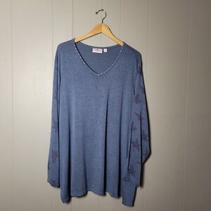 QUAKER FACTORY BLUE LONG SLEEVE TOP RHINESTONE V NECK STAR PRINT WOMENS 3X
